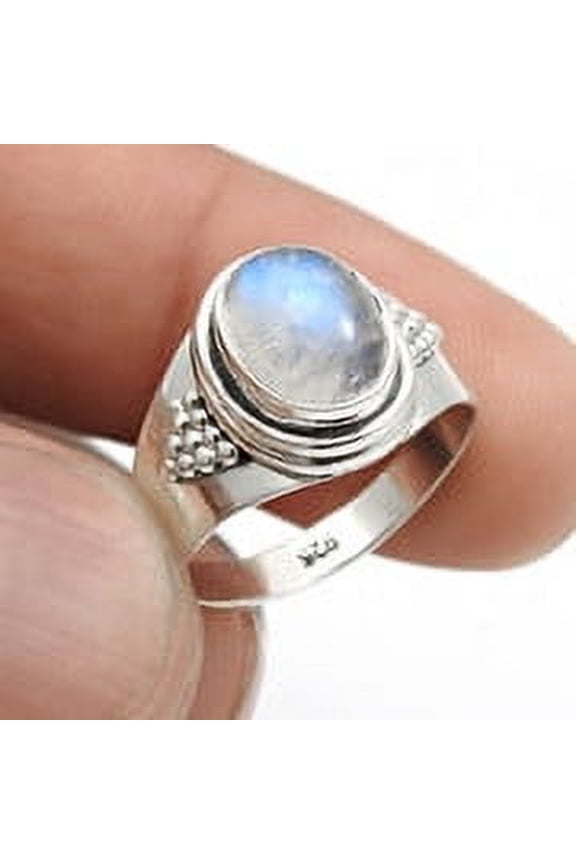 Oval Rainbow Moonstone Stone 925 Silver Band Boho Crown Chakra Ring Size 6