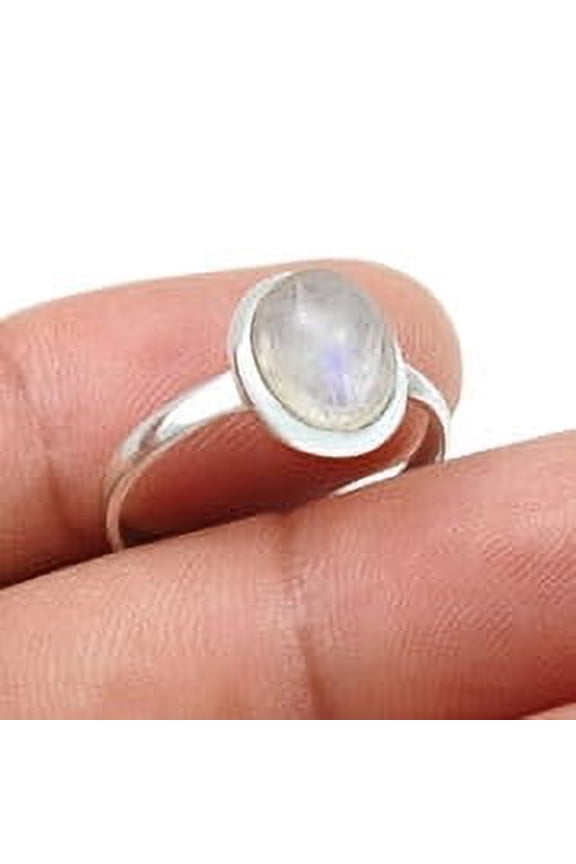Oval Rainbow Moonstone Stone 925 Sterling Silver Band Promise Bezel Trendy Ring
