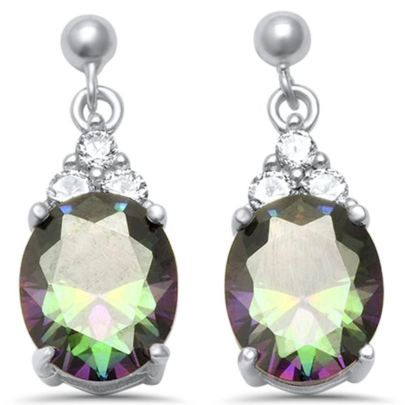 Oval Rainbow Simulated Topaz Cubic Zirconia Dangling Earrings Sterling Silver