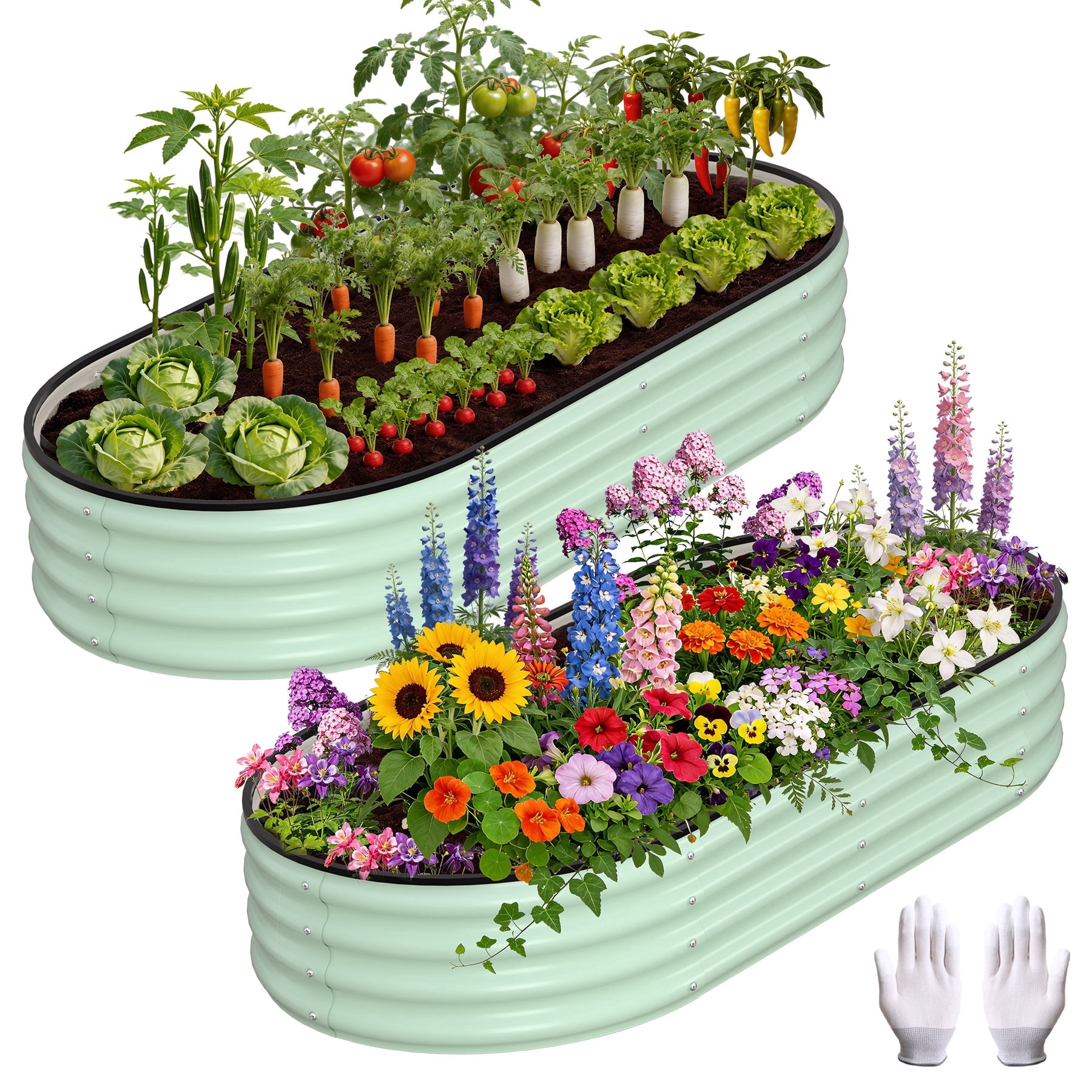 Oval Raised Garden Bed, 4x2x1 FT Galvanized Metal Planter Box for Outdoor, Large Oval Vegetable Bed for Flowers, Herbs & Succulents, Heavy Duty Steel Garden Bed for Backyard, Green