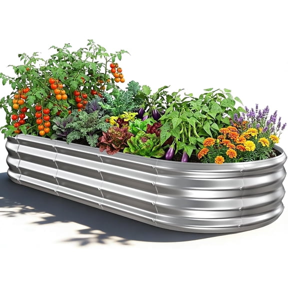 Oval Raised Garden Bed, 5 x 2 x 1FT, Galvanized Steel Planter Box with Wave-Shaped Metal Panels for Outdoor Flower,Tree,Herb & Vegetable Garden (Silver, 60X24X12 inches)