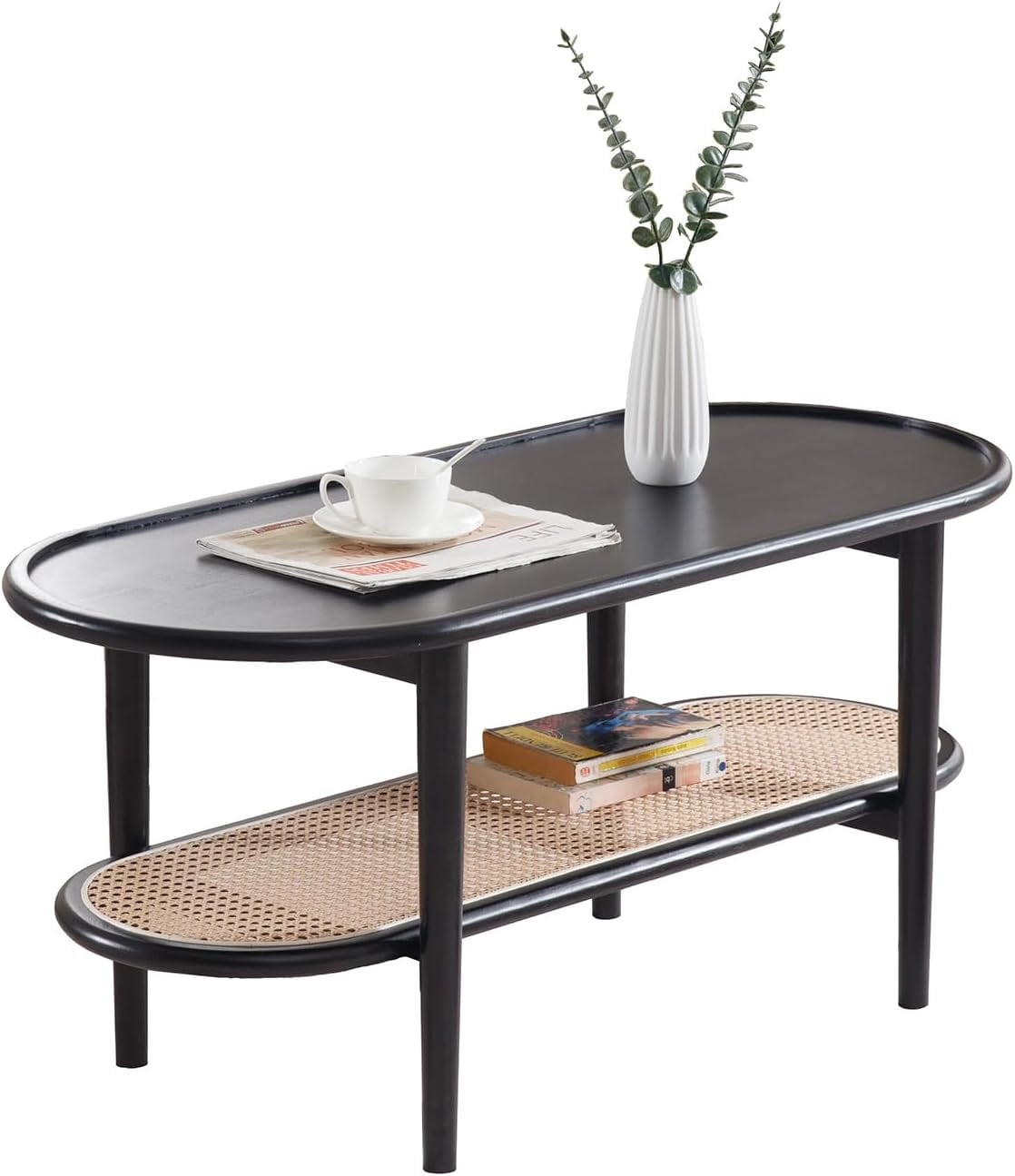 Oval Rattan Coffee Table for Living Room, 2-Tier Wood Center Table with ...