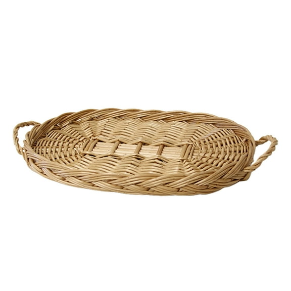 Oval Rattan Serving Tray with Handles for Breakfast, Wicker Serving Tray Organizer Decorative for Kitchen Storage Coffee Table Bread Fruit Food Breakfast Snacks