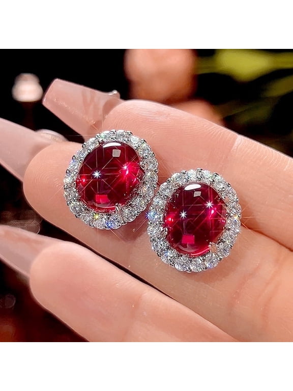 Oval Red, Cubic Zirconia Earrings, Copper, Count Per Pack 2