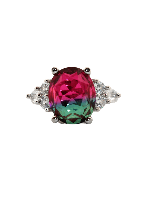 Oval Red/Green Watermelon Tourmaline & Topaz Silver Ring, size 7 167