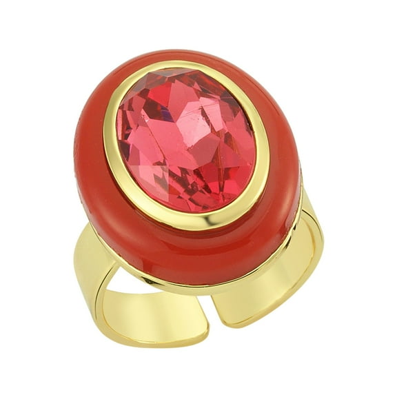 Oval Red Stone Cocktail Ring - Adjustable 14K Gold Plated Brass Ring - Red Resin Ring - Coral Beach Ring for Women - Large Hippie Ring