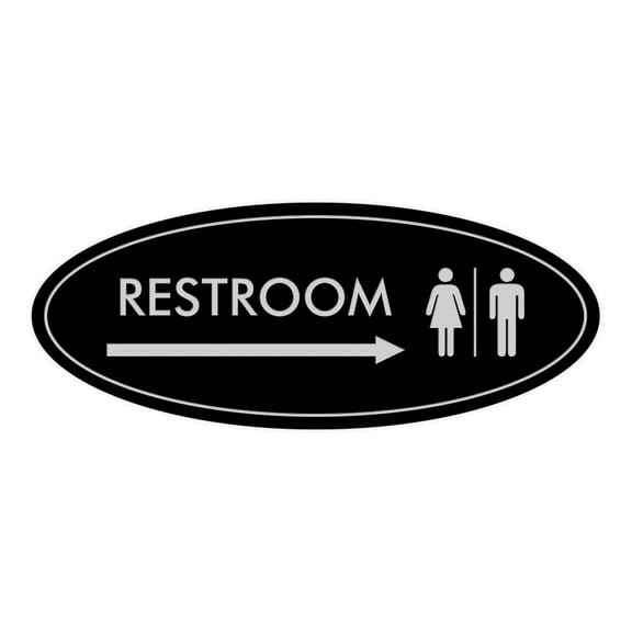 Oval Restroom Right Arrow Sign (Black / Silver) - Small 2x5"