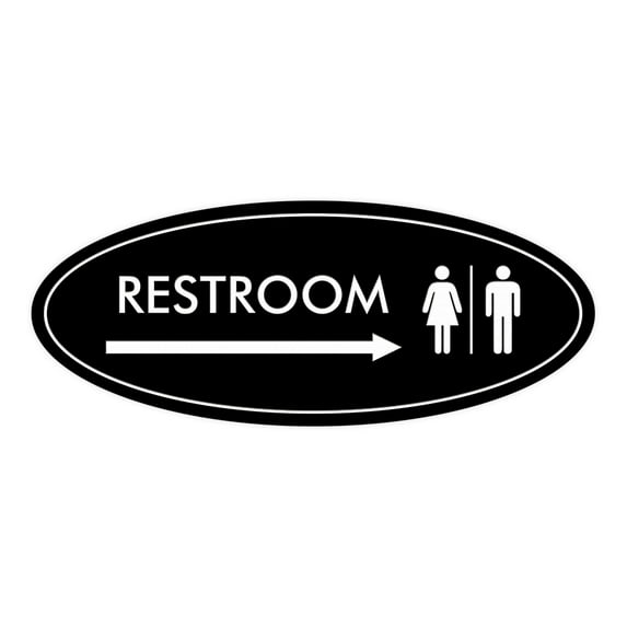 Oval Restroom Right Arrow Sign (Black) - Small 2x5"