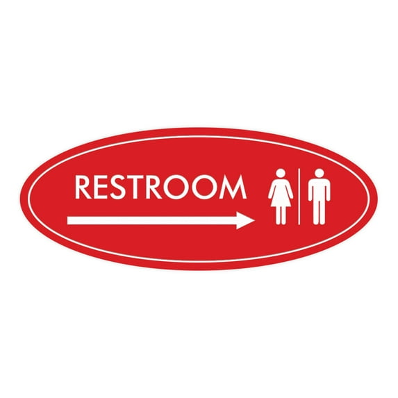 Oval Restroom Right Arrow Sign (Red) - Large 3.6x9"
