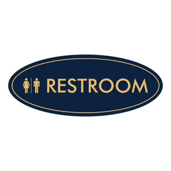 Oval Restroom Sign (Navy Blue/Gold) - Medium 2.75x7"