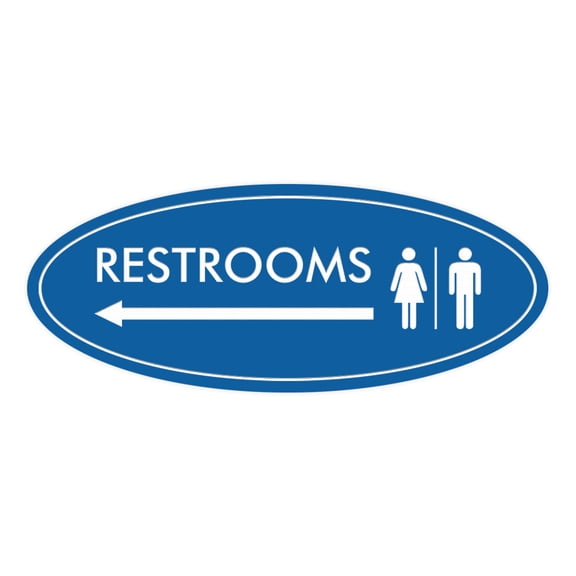 Oval Restrooms Left Arrow Sign (Blue) - Small 2x5"