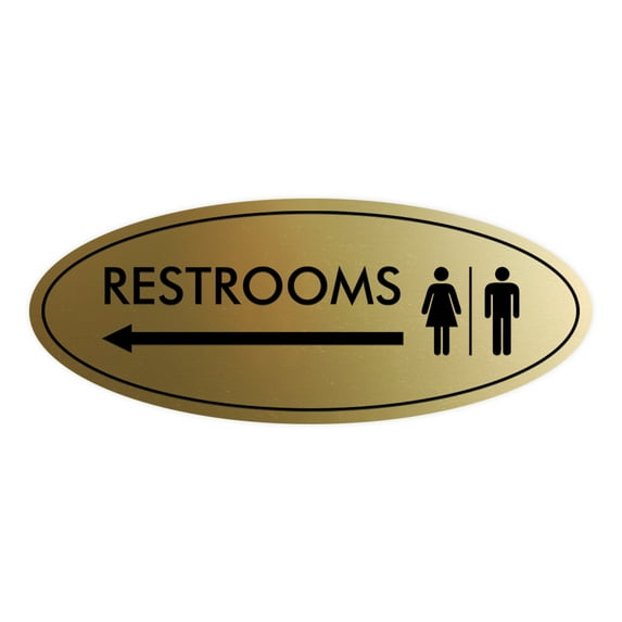 Oval Restrooms Left Arrow Sign (Brushed Gold) - Medium 2.75x7"