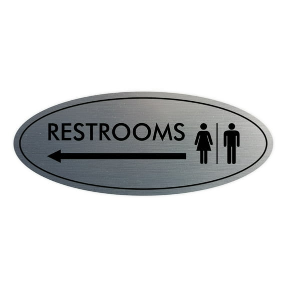 Oval Restrooms Left Arrow Sign (Brushed Silver) - Small 2x5"