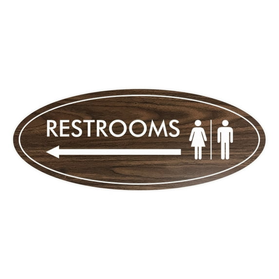 Oval Restrooms Left Arrow Sign (Walnut) - Large 3.6x9"