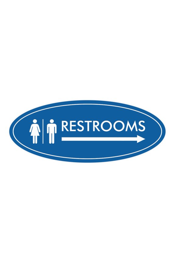 Oval Restrooms Right Arrow Sign (Blue) - Small 2x5"