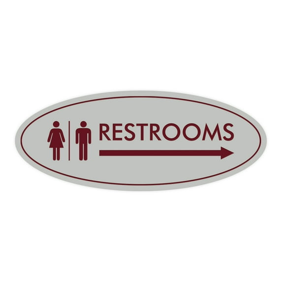 Oval Restrooms Right Arrow Sign (Light Grey / Burgundy) - Medium 2.75x7"