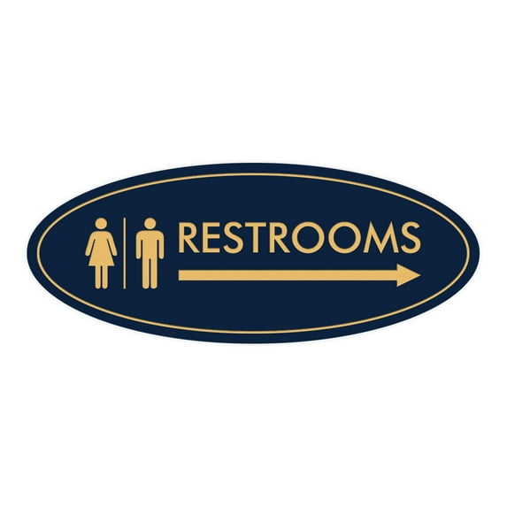 Oval Restrooms Right Arrow Sign (Navy Blue/Gold) - Large 3.6x9"