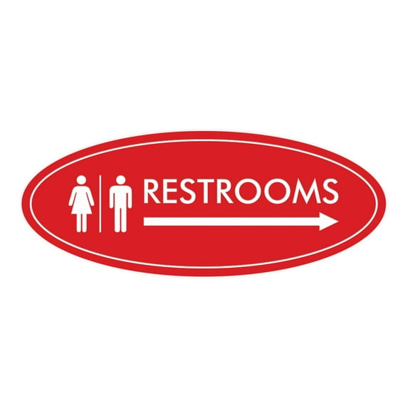 Oval Restrooms Right Arrow Sign (Red) - Large 3.6x9"