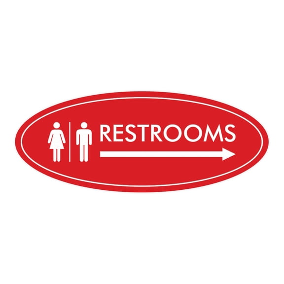 Oval Restrooms Right Arrow Sign (Red) - Small 2x5"
