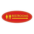 thumbnail image 1 of Oval Restrooms Right Arrow Sign (Red/Yellow) - Large 3.6x9", 1 of 1