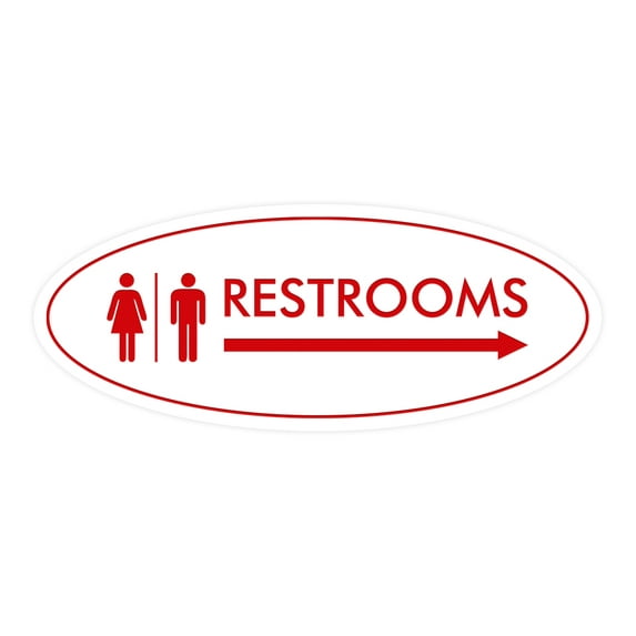 Oval Restrooms Right Arrow Sign (White/Red) - Small 2x5"