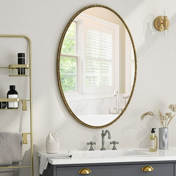 Oval Retro Mirror with Antique Gold Finish, Wall Hanging Decorative Mirror for Bathroom, Bedroom, Living Room Home Decor