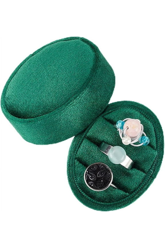Oval Ring Box 3 Slots Premium Wedding Three Rings Holder Italian Velvet Display Box Vintage Handmade Storage Jewelry Organizer(Emerald)