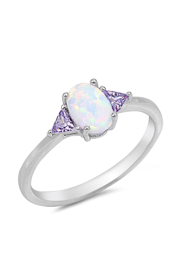 Oval Ring Lab Created White Opal Amethyst CZ 925 Sterling Silver Size 7