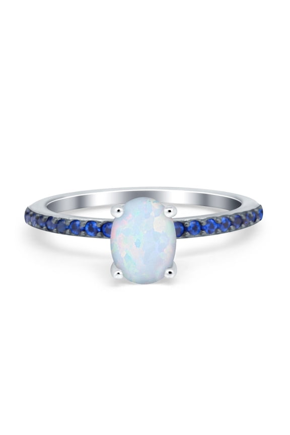 Oval Ring Side Stone Sapphire Lab Created White Opal 925 Sterling Silver Size 8