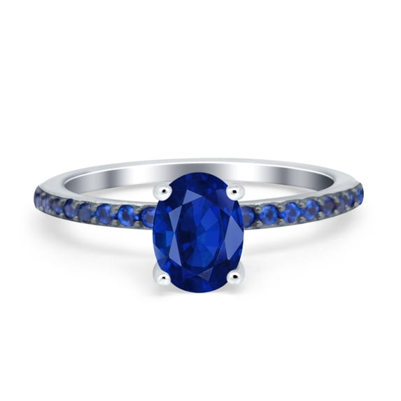 Oval Ring Side Stone Sapphire Simulated Blue Sapphire CZ 925 Sterling Silver Size 7