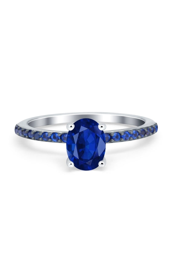 Oval Ring Side Stone Sapphire Simulated Blue Sapphire CZ 925 Sterling Silver Size 7