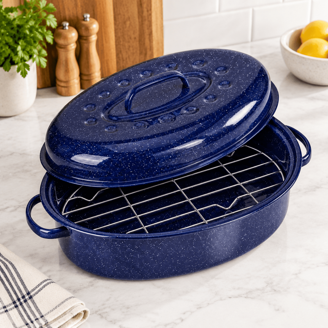 Oval Roasting Pan With Lid & Rack Blueled Enamel Turkey Roaster (6 ...
