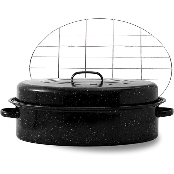 Oval Roasting Pan with Lid and Rack 18" Large Roaster Pan Set Comes With Lron Rack Enamel Cook Ware Dishwasher Compatibility Granite Oven Roaster