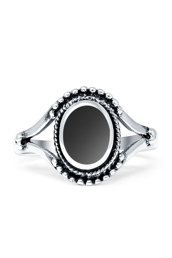 Oval Rope Beaded Oxidized Split Shank Onyx Ring White Tone 925 Sterling Silver, Size 10
