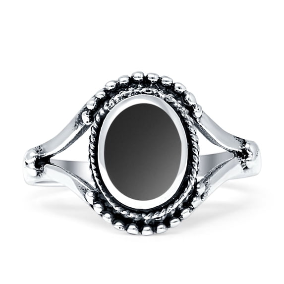 Oval Rope Beaded Oxidized Split Shank Onyx Ring White Tone 925 Sterling Silver, Size 8