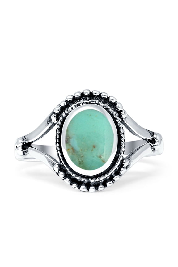 Oval Rope Beaded Oxidized Split Shank Turquoise Ring White Tone 925 Sterling Silver, Size 7