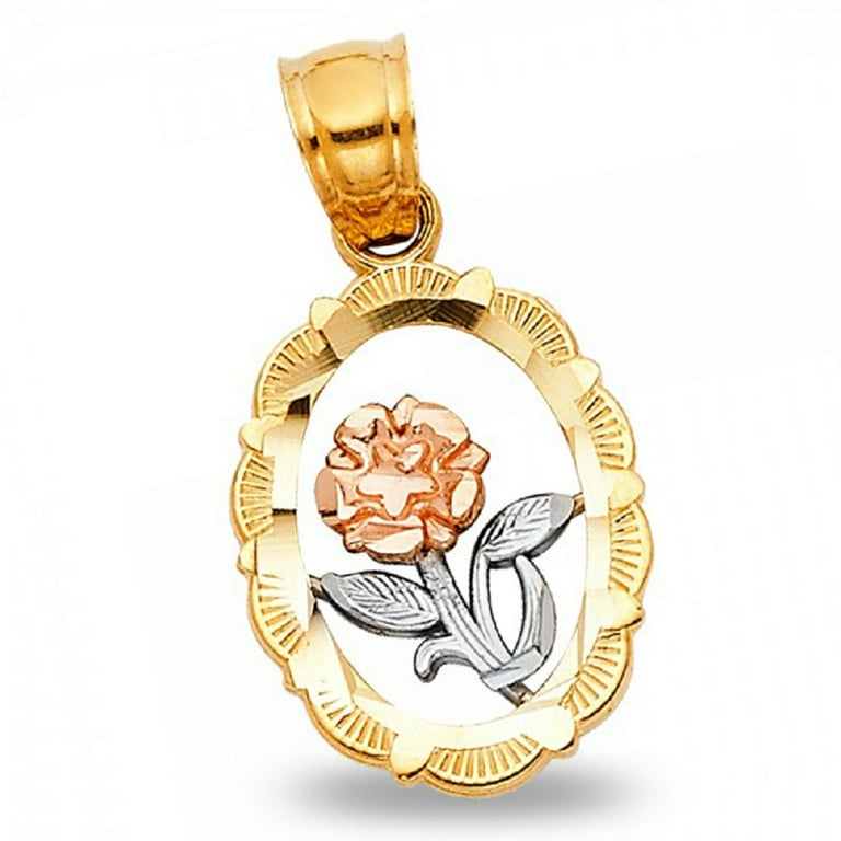 Oval Rose Frame Pendant Solid 14k Yellow White Rose Gold Flower Medal Charm  Tri Color 12 x 12 mm