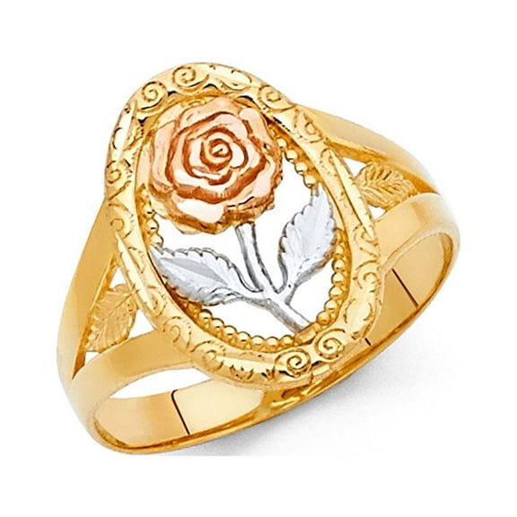 Oval Rose Ring Solid 14k Yellow White Rose Gold Filigree Flower Band Polished Tri Color 16MM Size 7