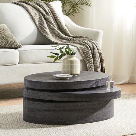 Oval Rotating Coffee Table With Construction And Swiveling Top Matte Black Rotatable Open Storage For Home