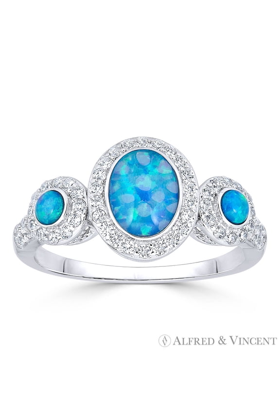 Oval & Round Cabochon Synthetic Opal & Round CZ Crystal Right-Hand Ring in .925 Sterling Silver w/ Rhodium
