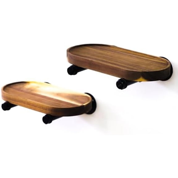 Oval (Round Edge) Floating Shelves made of Acacia Wood. Wall Mounted with Black Rustic Industrial Pipe Brackets (2 Pack). Small Shelves Indoor Spaces. Length 11.8 x Width 5.9 inches, 1.0 inch Depth