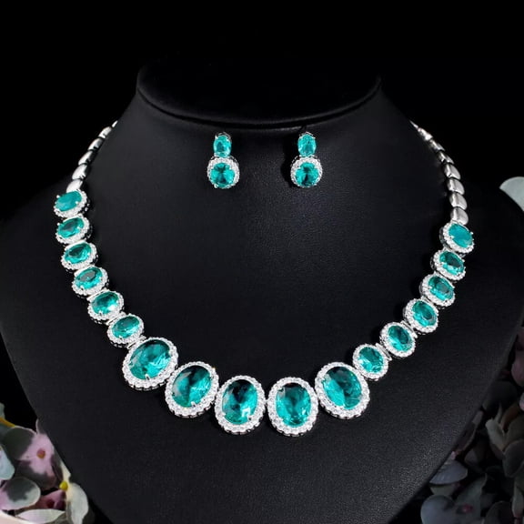 Oval Round Light Green CZ Wedding Necklace Earrings Costume Bridal Jewelry Set