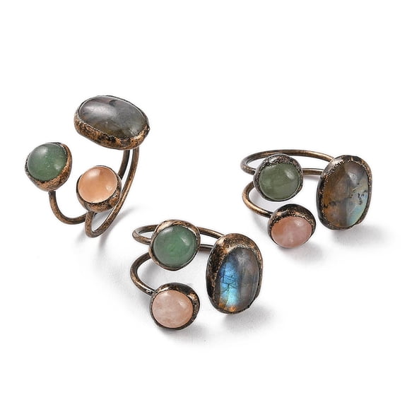 Oval & Round Natural Labradorite & Rose Quartz & Green Aventurine Open Cuff Rings Red Copper Tone Brass Ring for Women Inner Diameter: 20mm