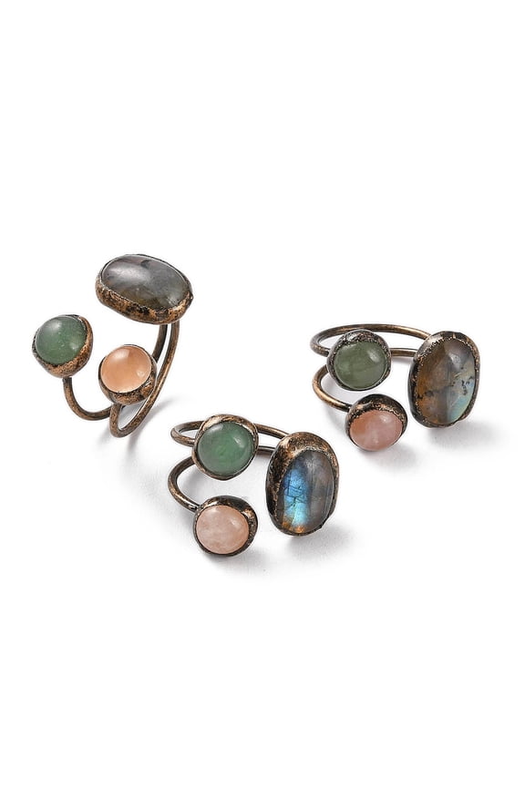 Oval Round Natural Labradorite Rose Quartz Green Aventurine Open Cuff Rings Red Copper Tone Brass Ring for Women Inner Diameter: 20mm