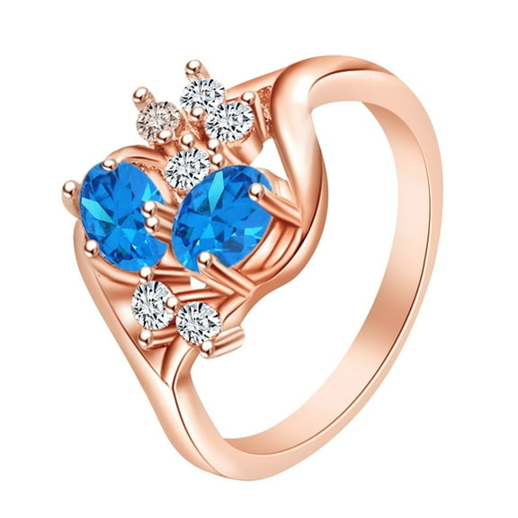 AFFY Oval & Round Shape Simulated Topaz & White CZ Promise Ring 14k Rose Gold Over Sterling Silver