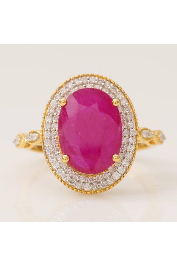 Oval Ruby Double Halo Diamond Ring, 14k Solid Gold, Natural Diamond, Cocktail Gemstone Jewelry, Statement Ring, Ready To Ship, IGI Certified