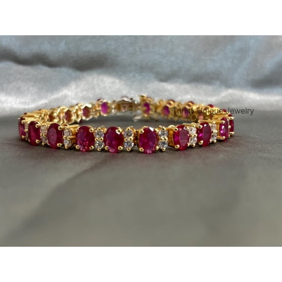 Oval Ruby and Round CZ Tennis Bracelet For women,Classic Gemstone Design,Gift for Her,wedding