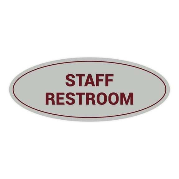 Oval STAFF RESTROOM Sign (Light Grey / Burgundy) - Large 3.6x9"