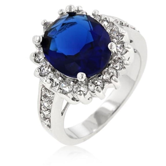 Oval Sapphire Crystal and Round CZ Trimmed Ring in Rhodium with Pave Shoulders - Size 8