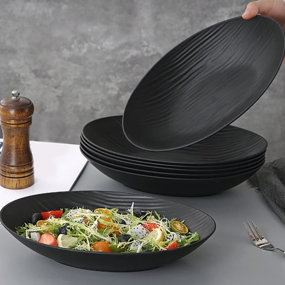 Oval Serving Plates,Household Threaded Western Food Plate,Matte Black Plastic Deep Plate,Stackable Lightweight Vegetable Soup Serving Tray Easy Clean Tableware for Daily Dining Decor